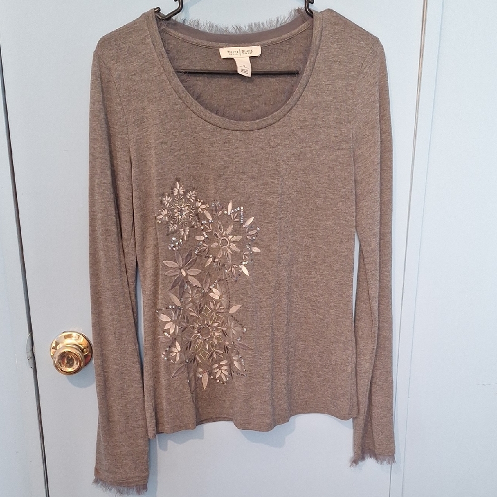 Vanilla Star Gray Floral Embellished Long Sleeve Tee
